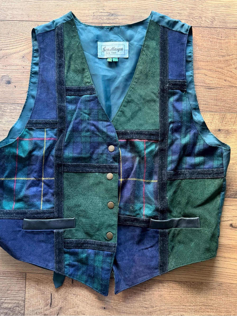 Vintage 80’s 90’s Jeri Marque NY Green & Navy Patchwork Vest